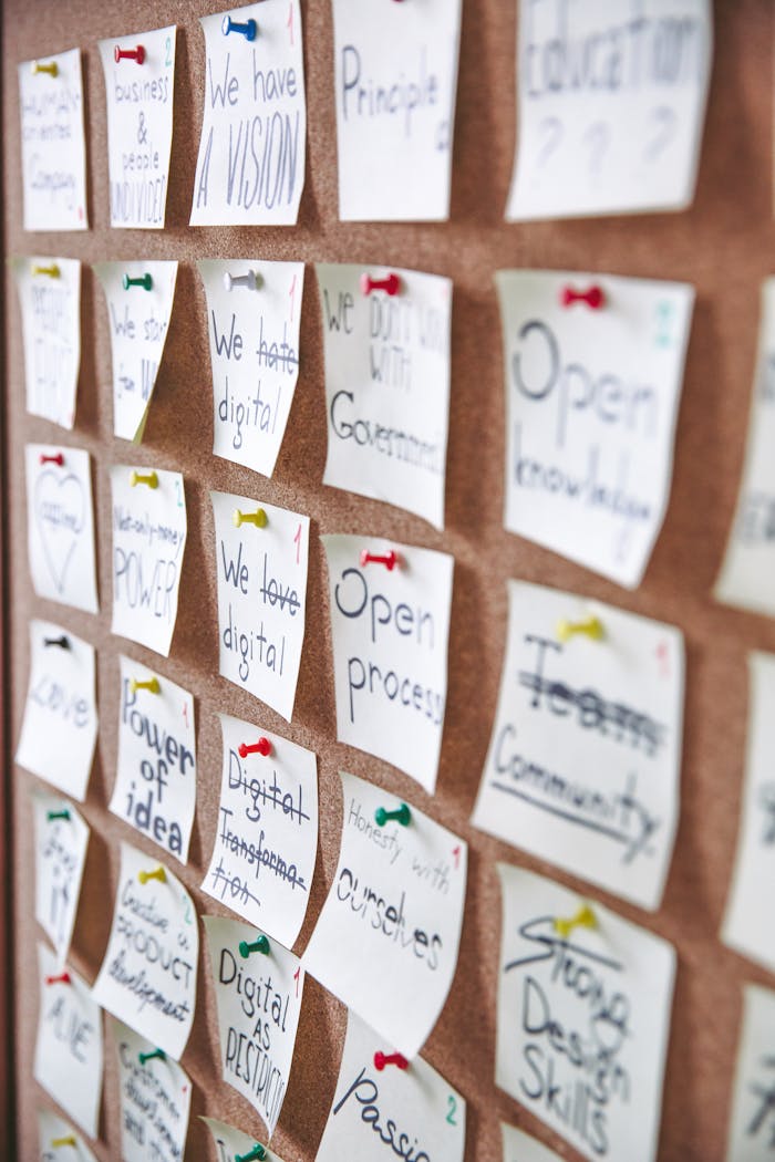 Array of sticky notes pinned on corkboard with business ideas and goals.