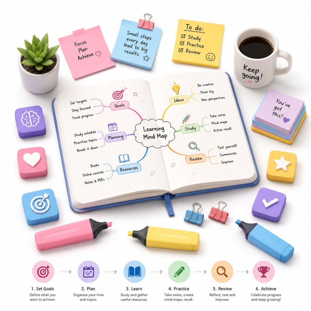 3D ilustrace Learning Mind Map s ikonami cílů, plánování, učení a pokroku, obklopená barevnými sticky notes a produktivními nástroji